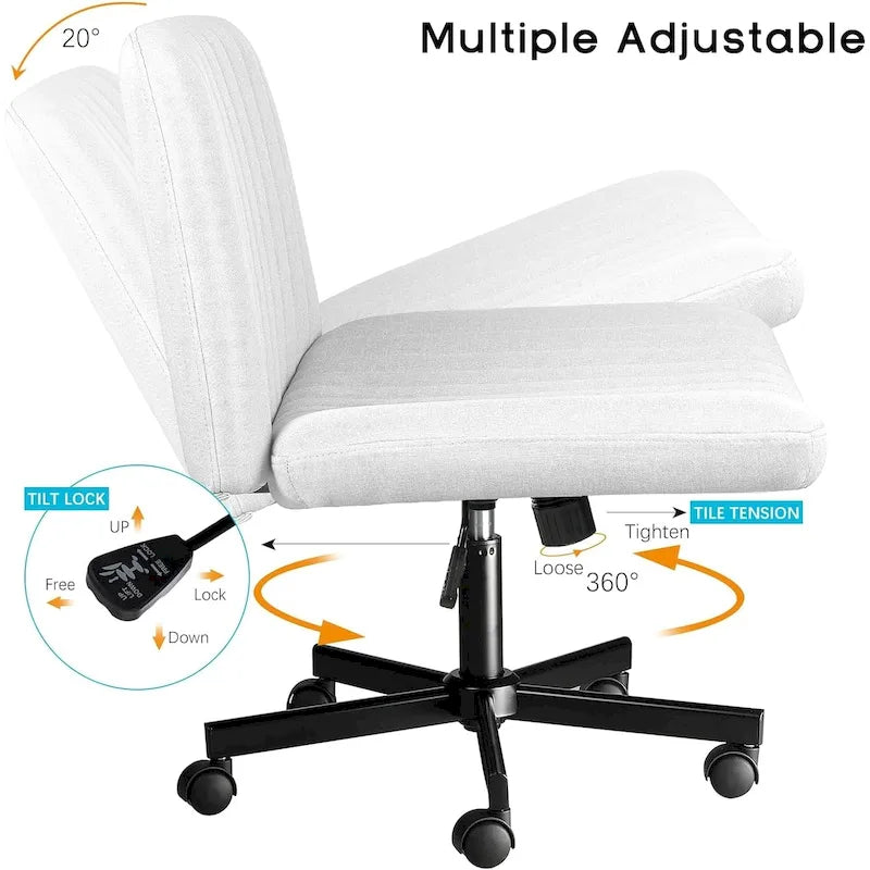 Chaise de bureau sans accoudoirs Criss Cross avec roulettes, chaise à pieds croisés rembourrée en tissu, chaise de vanité pivotante à siège large