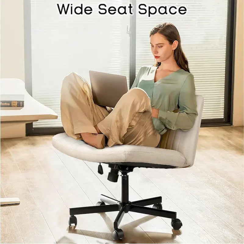 Chaise de bureau sans accoudoirs Criss Cross avec roulettes, chaise à pieds croisés rembourrée en tissu, chaise de vanité pivotante à siège large