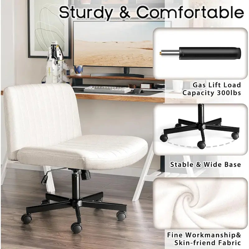 Chaise de bureau sans accoudoirs Criss Cross avec roulettes, chaise à pieds croisés rembourrée en tissu, chaise de vanité pivotante à siège large