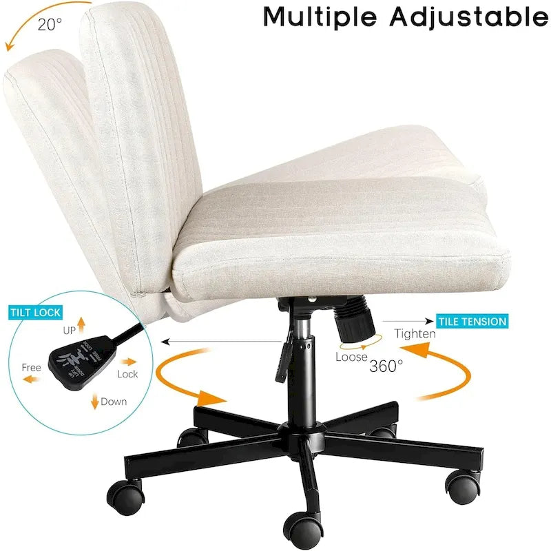 Chaise de bureau sans accoudoirs Criss Cross avec roulettes, chaise à pieds croisés rembourrée en tissu, chaise de vanité pivotante à siège large