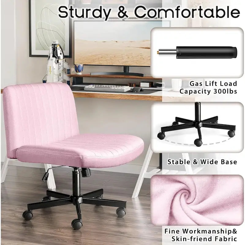 Chaise de bureau sans accoudoirs Criss Cross avec roulettes, chaise à pieds croisés rembourrée en tissu, chaise de vanité pivotante à siège large
