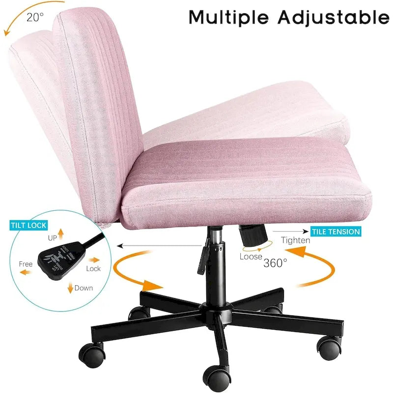 Chaise de bureau sans accoudoirs Criss Cross avec roulettes, chaise à pieds croisés rembourrée en tissu, chaise de vanité pivotante à siège large