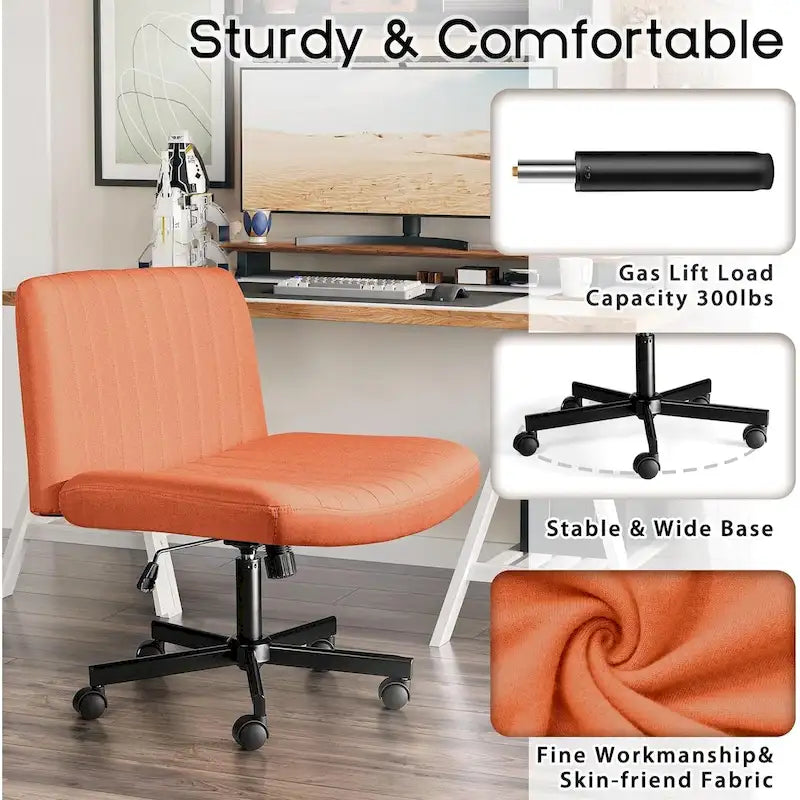 Chaise de bureau sans accoudoirs Criss Cross avec roulettes, chaise à pieds croisés rembourrée en tissu, chaise de vanité pivotante à siège large