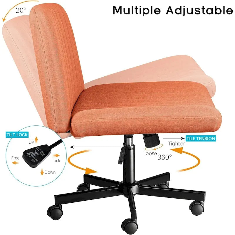 Chaise de bureau sans accoudoirs Criss Cross avec roulettes, chaise à pieds croisés rembourrée en tissu, chaise de vanité pivotante à siège large