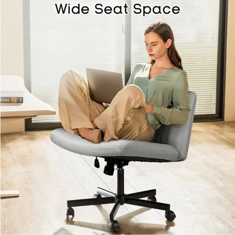 Chaise de bureau sans accoudoirs Criss Cross avec roulettes, chaise à pieds croisés rembourrée en tissu, chaise de vanité pivotante à siège large
