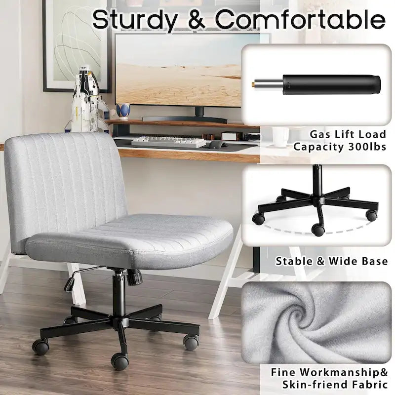 Chaise de bureau sans accoudoirs Criss Cross avec roulettes, chaise à pieds croisés rembourrée en tissu, chaise de vanité pivotante à siège large