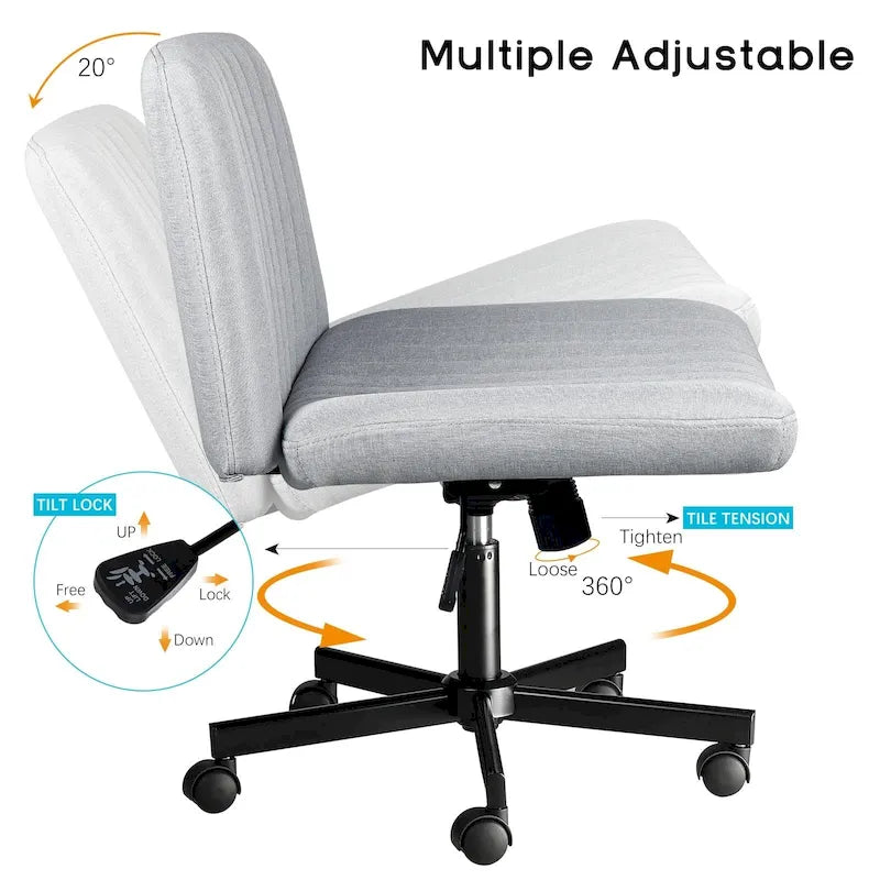 Chaise de bureau sans accoudoirs Criss Cross avec roulettes, chaise à pieds croisés rembourrée en tissu, chaise de vanité pivotante à siège large