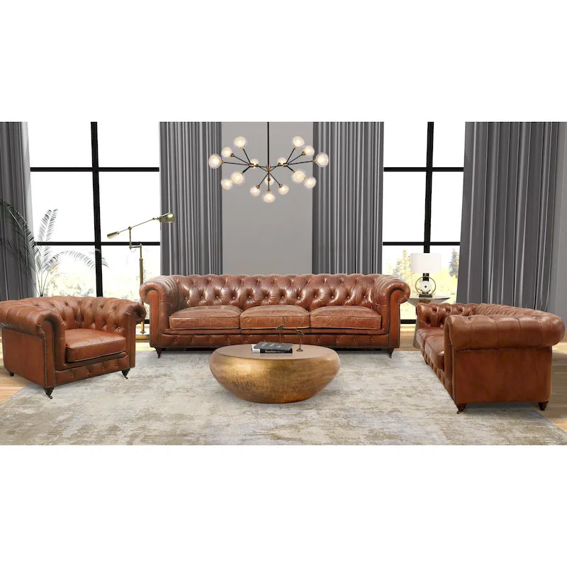 Canapé capitonné Chesterfield, marron - 28,7 H x 97,2 L x 39 P