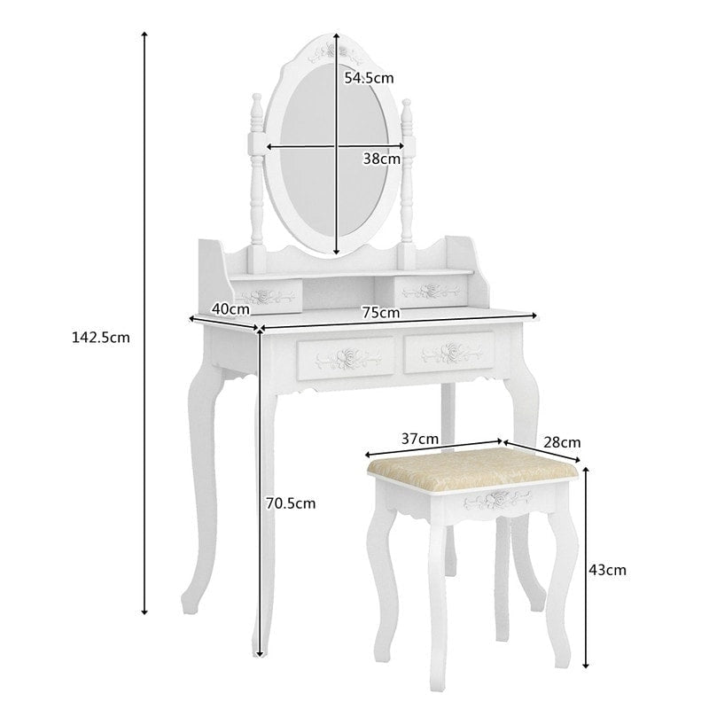 Coiffeuse et tabouret à 4 tiroirs, style moderne et épuré