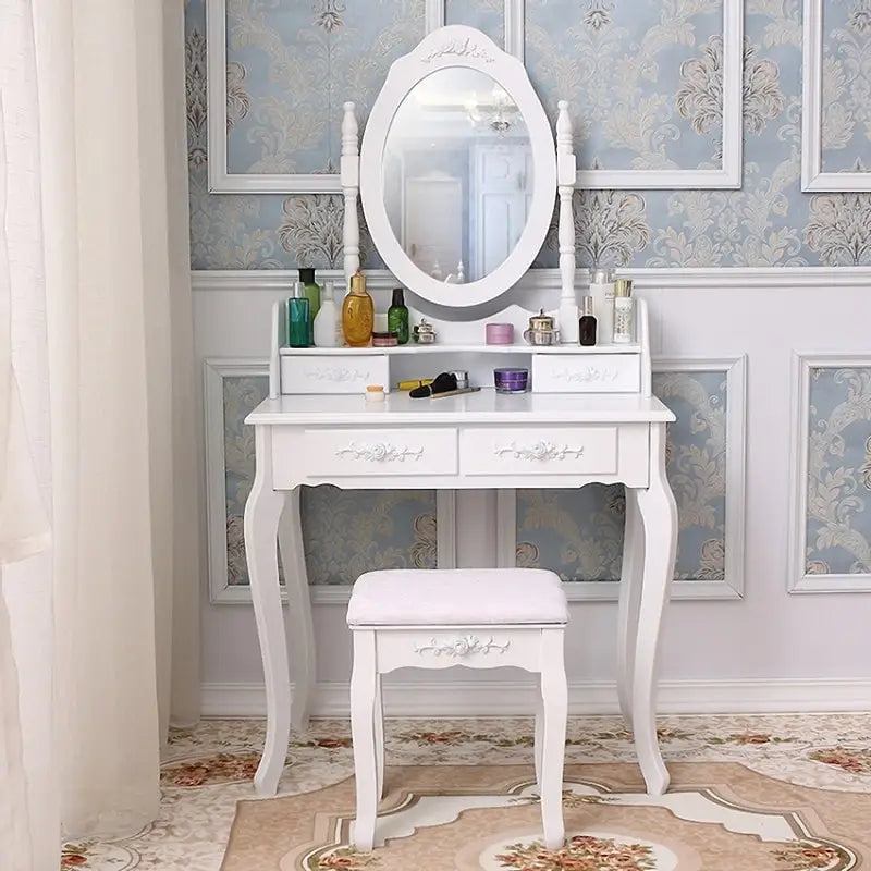 Coiffeuse et tabouret à 4 tiroirs, style moderne et épuré