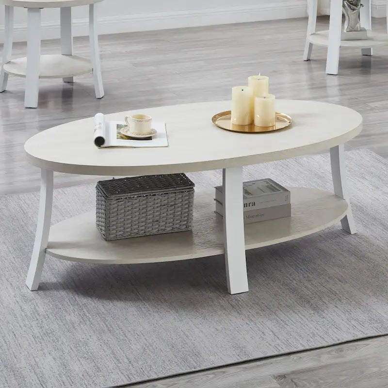 Table basse contemporaine ovale en bois avec étagère