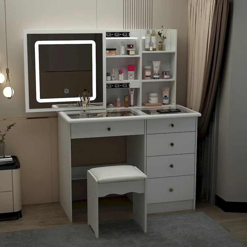 Coiffeuse élégante miroir à éclairage accentué en cristal plateau en verre
