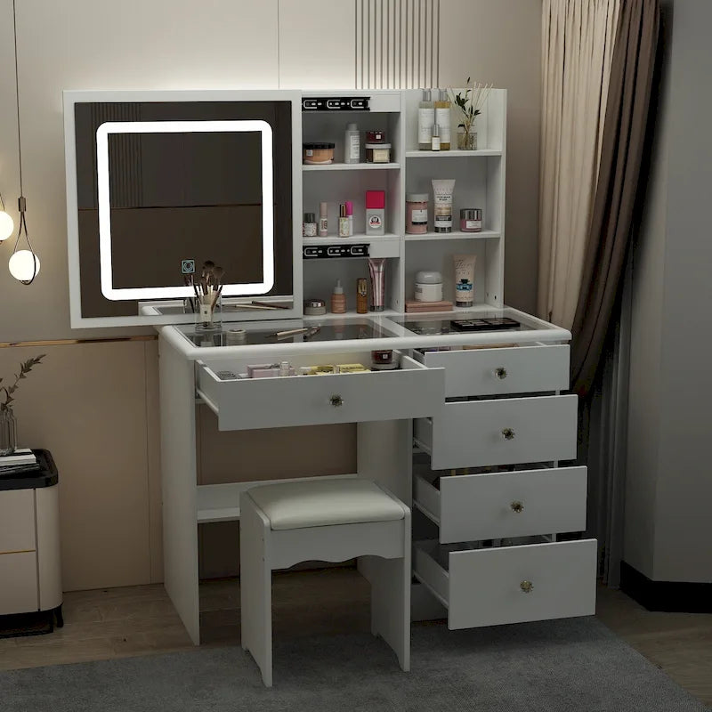 Coiffeuse élégante miroir à éclairage accentué en cristal plateau en verre