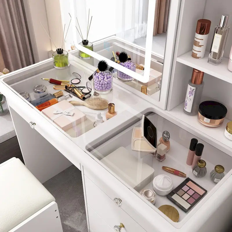 Coiffeuse élégante miroir à éclairage accentué en cristal plateau en verre