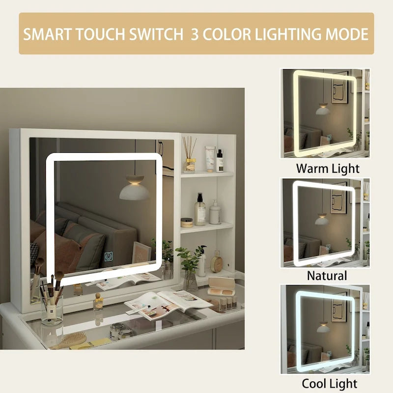 Coiffeuse élégante miroir à éclairage accentué en cristal plateau en verre