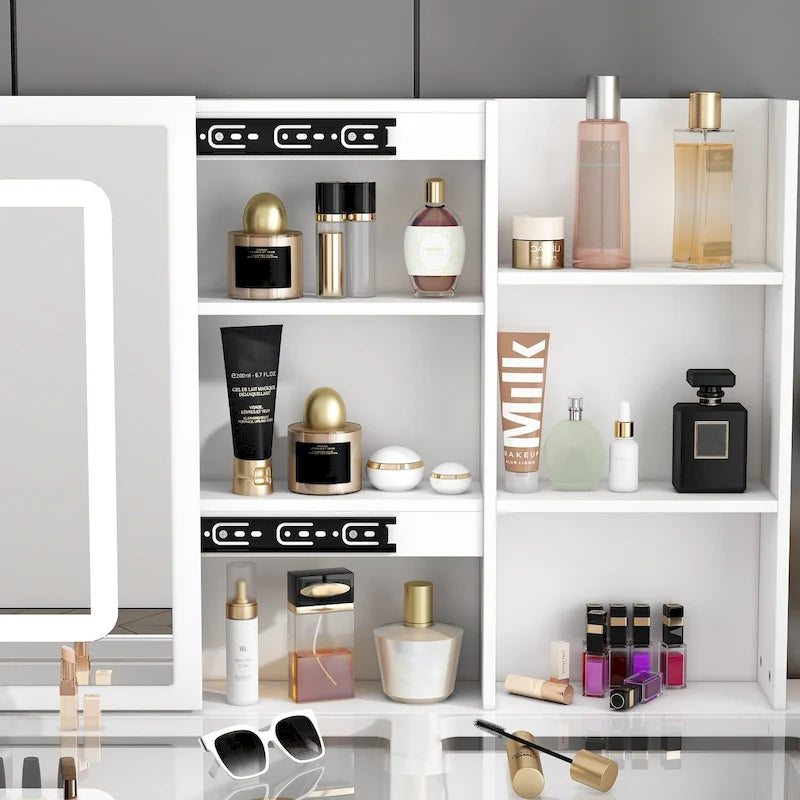 Coiffeuse élégante miroir à éclairage accentué en cristal plateau en verre