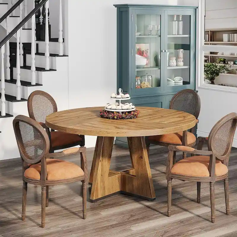 47 Inch Round Dining Table for 4, Wood Kitchen Dinner Table for Kitchen Dining Living Room