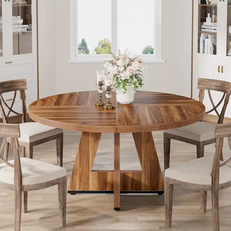 47 Inch Round Dining Table for 4, Wood Kitchen Dinner Table for Kitchen Dining Living Room