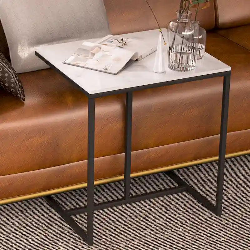 Table d'appoint de canapé en pierre frittée - Table basse d'appoint en C pour salon - 45 x 39 x 52 cm