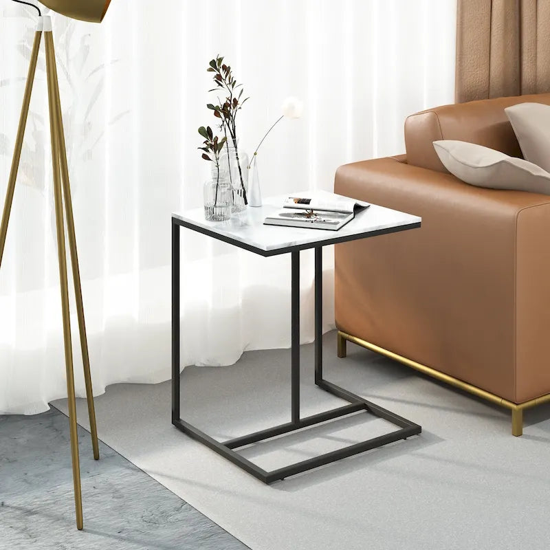 Table d'appoint de canapé en pierre frittée - Table basse d'appoint en C pour salon - 45 x 39 x 52 cm
