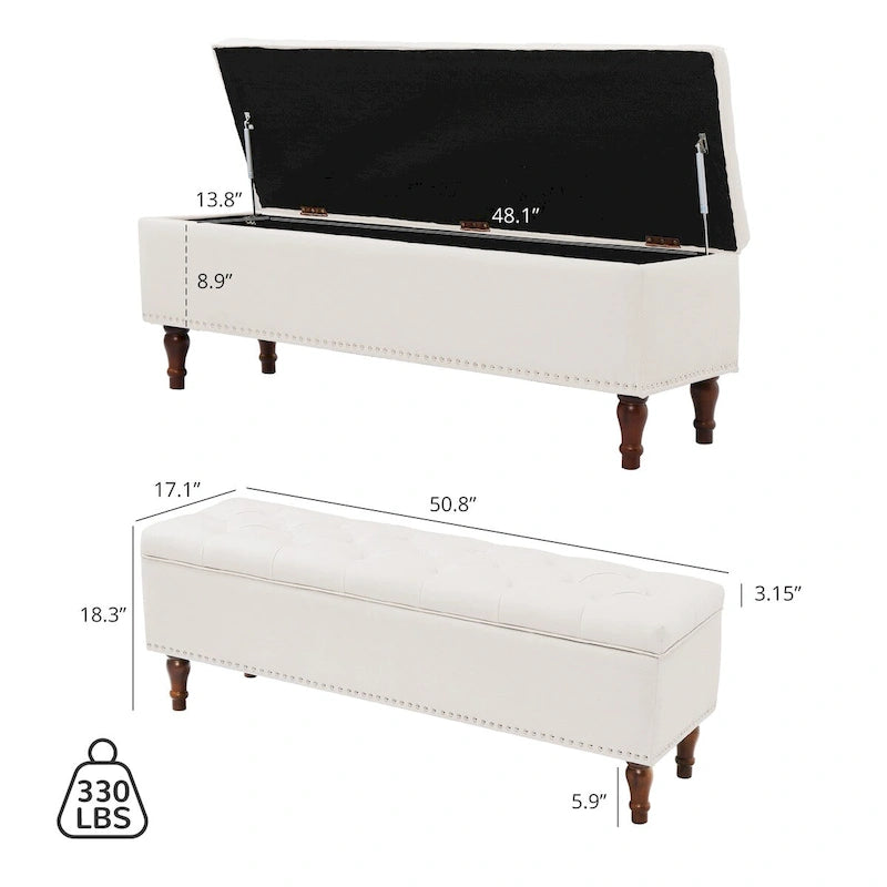 Banc de rangement capitonné, pouf rembourré avec rangement pour chambre à coucher - 50,8 L x 17,1 P x 18,3 H