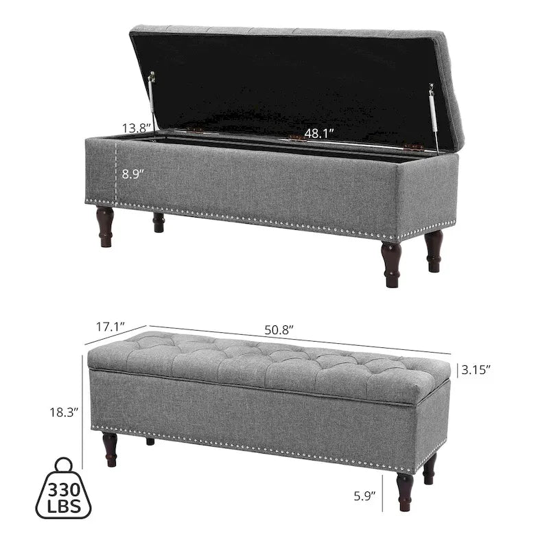 Banc de rangement capitonné, pouf rembourré avec rangement pour chambre à coucher - 50,8 L x 17,1 P x 18,3 H