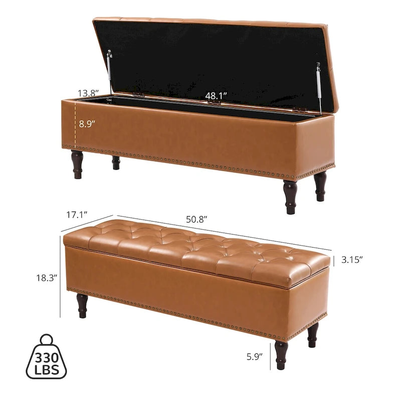 Banc de rangement capitonné, pouf rembourré avec rangement pour chambre à coucher - 50,8 L x 17,1 P x 18,3 H